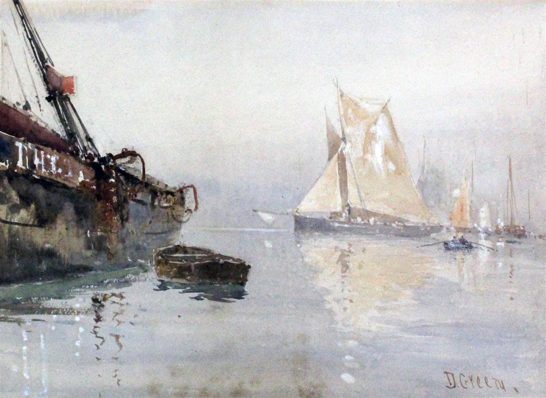 David Gould Green RI (1854-1918), watercolour, Shipping in harbour, signed, 24 x 34cm